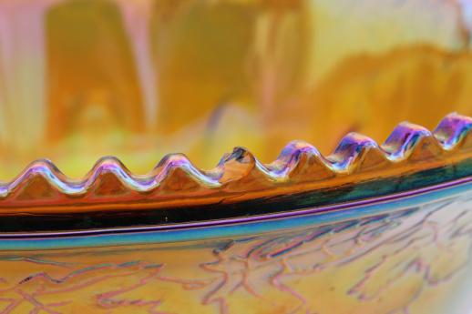 photo of vintage marigold luster carnival glass grapes punch bowl & cups, iridescent amber color #2