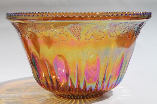 photo of vintage marigold luster carnival glass grapes punch bowl & cups, iridescent amber color #3
