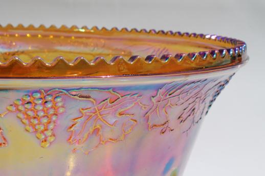 photo of vintage marigold luster carnival glass grapes punch bowl & cups, iridescent amber color #6