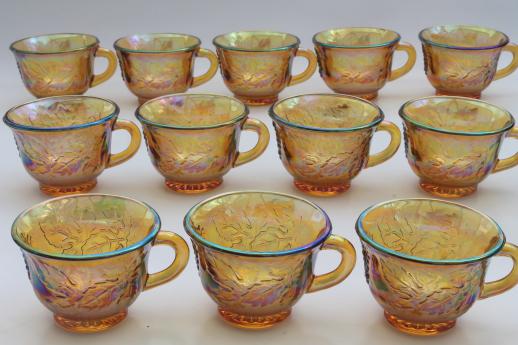 photo of vintage marigold luster carnival glass grapes punch bowl & cups, iridescent amber color #7