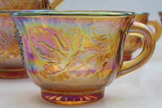 photo of vintage marigold luster carnival glass grapes punch bowl & cups, iridescent amber color #8