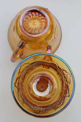 photo of vintage marigold luster carnival glass grapes punch bowl & cups, iridescent amber color #10
