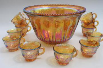 catalog photo of vintage marigold luster carnival glass grapes punch bowl & cups, iridescent amber color