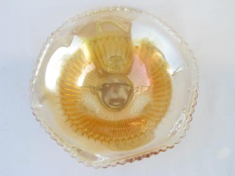 photo of vintage marigold luster carnival glass lot, paneled optic rose bowl, ruffled candy dish #5