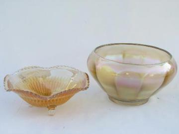 catalog photo of vintage marigold luster carnival glass lot, paneled optic rose bowl, ruffled candy dish