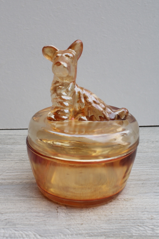 photo of vintage marigold luster glass powder puff box or trinket dish w/ Scotty dog Jeannette glass #1