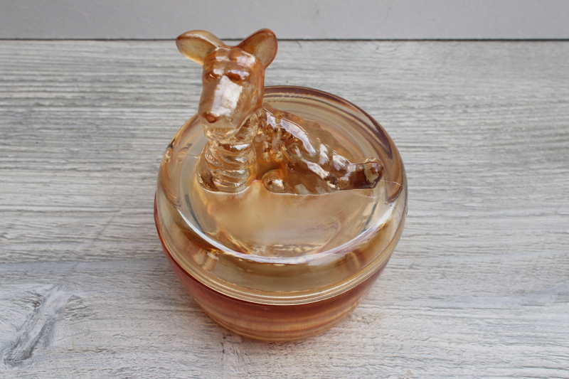 photo of vintage marigold luster glass powder puff box or trinket dish w/ Scotty dog Jeannette glass #2