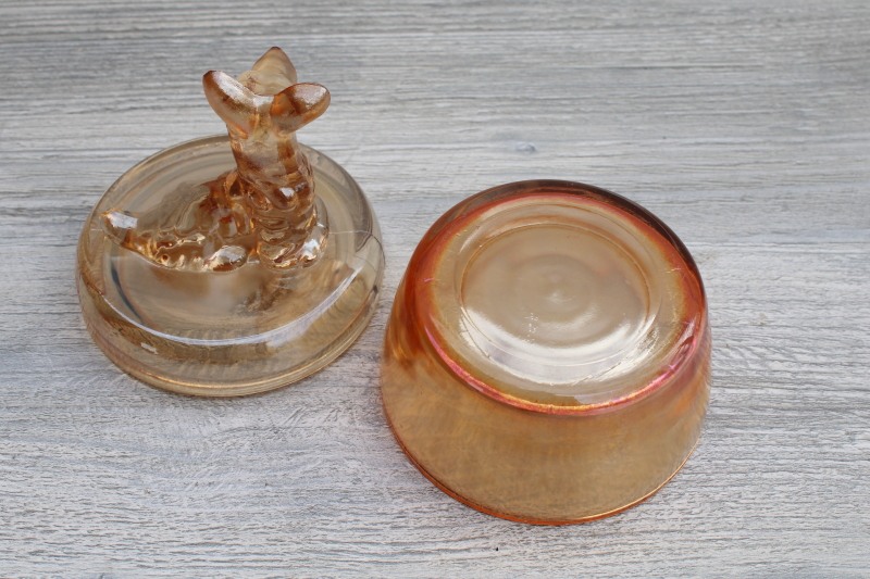 photo of vintage marigold luster glass powder puff box or trinket dish w/ Scotty dog Jeannette glass #5