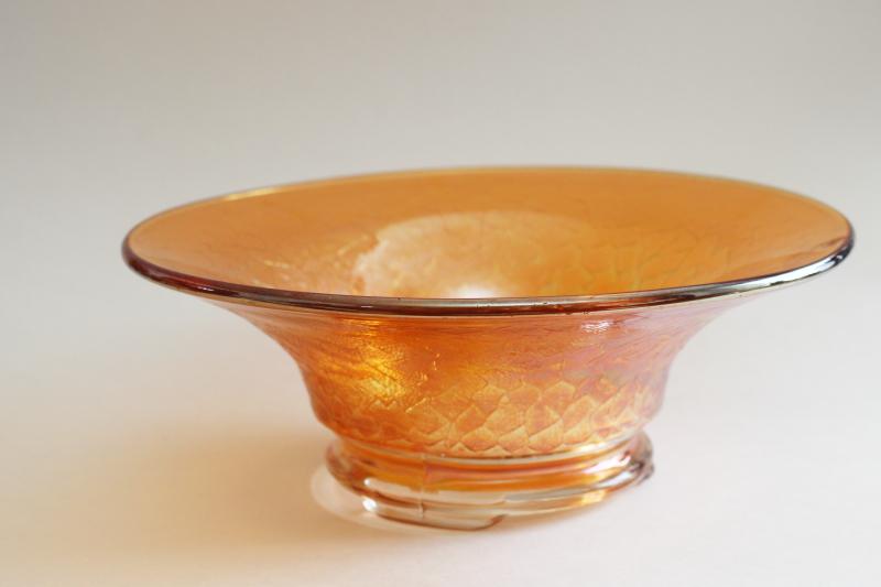 photo of vintage marigold orange carnival glass, crackle pattern art deco style footed console bowl #1