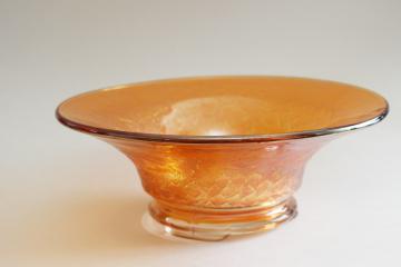 catalog photo of vintage marigold orange carnival glass, crackle pattern art deco style footed console bowl