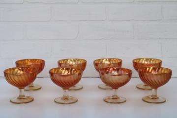 catalog photo of vintage marigold orange iridescent luster carnival glass, set of 8 sherbets or cocktail glasses