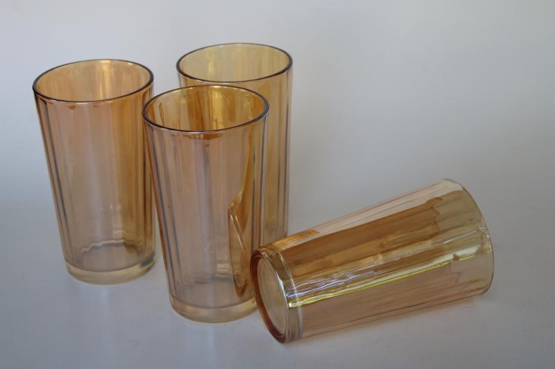 photo of vintage marigold peach luster glass tumblers, Jeannette panel optic pattern #1