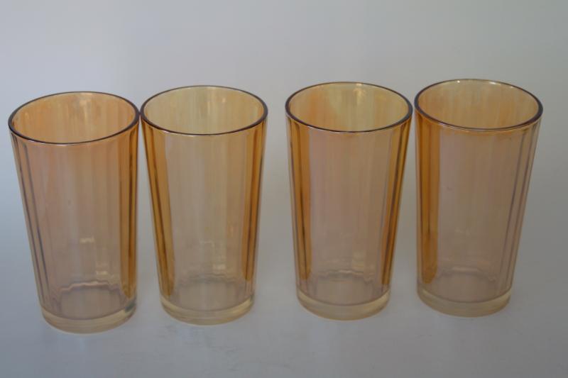 photo of vintage marigold peach luster glass tumblers, Jeannette panel optic pattern #5