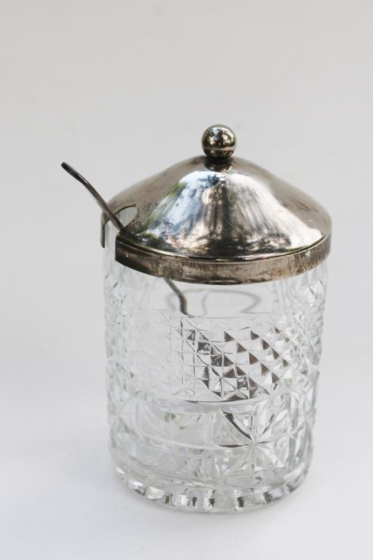 photo of vintage marmalade jar, jelly or jam pot crystal clear glass w/ English silver lid #1