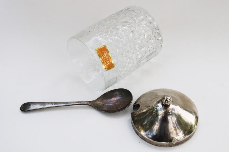 photo of vintage marmalade jar, jelly or jam pot crystal clear glass w/ English silver lid #2