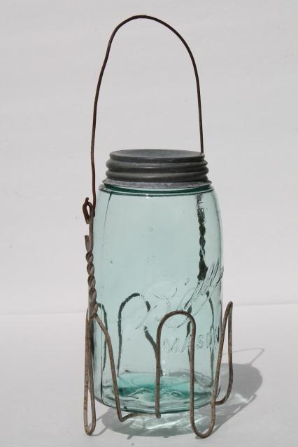 photo of vintage mason jar carrier rack, wire handle basket holds old blue glass jar #1