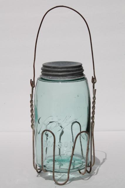 photo of vintage mason jar carrier rack, wire handle basket holds old blue glass jar #3