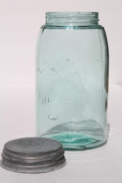 photo of vintage mason jar carrier rack, wire handle basket holds old blue glass jar #6