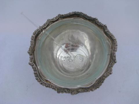 photo of vintage master salts, ornate silver plate salt dishes w/ glass bowls & tiny spoons #3