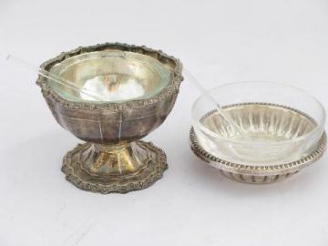 catalog photo of vintage master salts, ornate silver plate salt dishes w/ glass bowls & tiny spoons