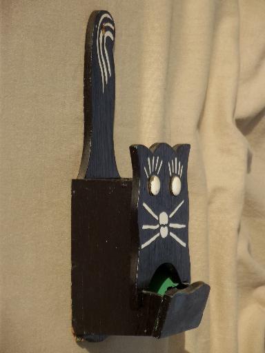 photo of vintage match safe, folk art wood black cat match holder w/ original old paint #1