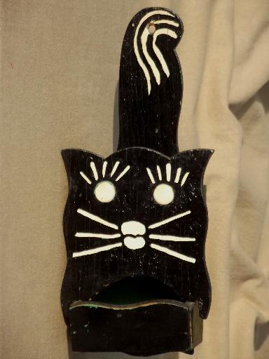 photo of vintage match safe, folk art wood black cat match holder w/ original old paint #2