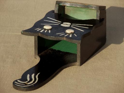 photo of vintage match safe, folk art wood black cat match holder w/ original old paint #5