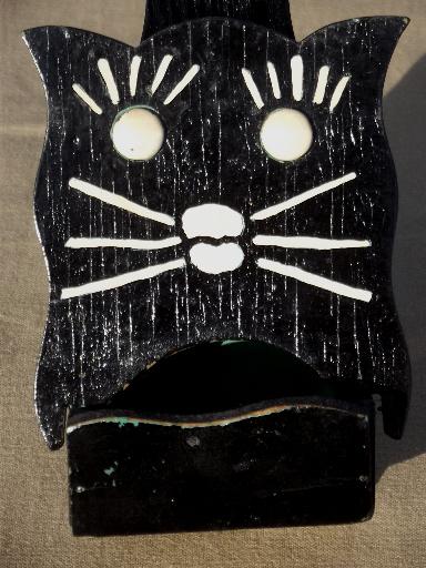 photo of vintage match safe, folk art wood black cat match holder w/ original old paint #6