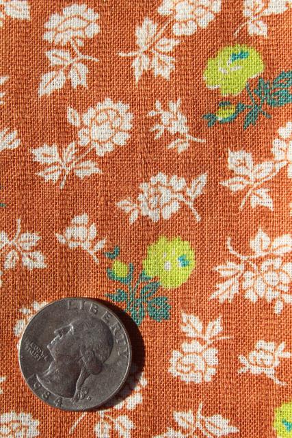 photo of vintage matched sacks feed sack fabric, woven stripe cotton flower print apple green on rust #1