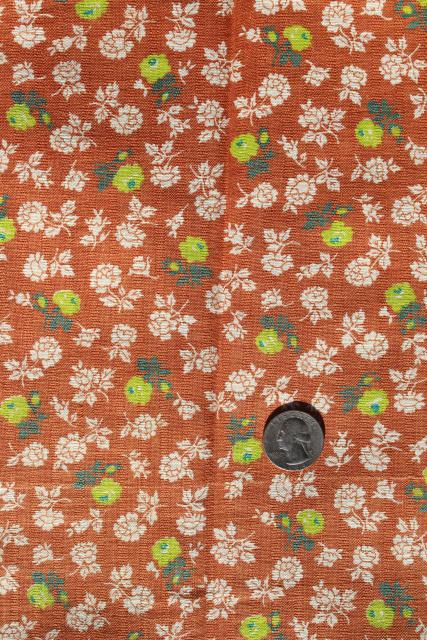 photo of vintage matched sacks feed sack fabric, woven stripe cotton flower print apple green on rust #3