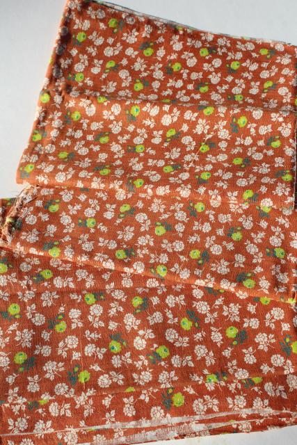 photo of vintage matched sacks feed sack fabric, woven stripe cotton flower print apple green on rust #4