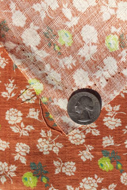 photo of vintage matched sacks feed sack fabric, woven stripe cotton flower print apple green on rust #5