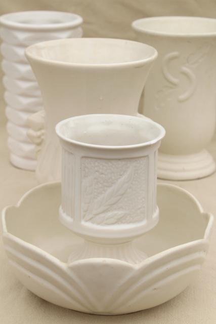 photo of vintage matte & glossy ivory white pottery planters pots, bowls & vases, mid-century mod ceramics #1