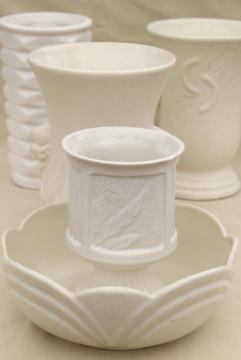 catalog photo of vintage matte & glossy ivory white pottery planters pots, bowls & vases, mid-century mod ceramics