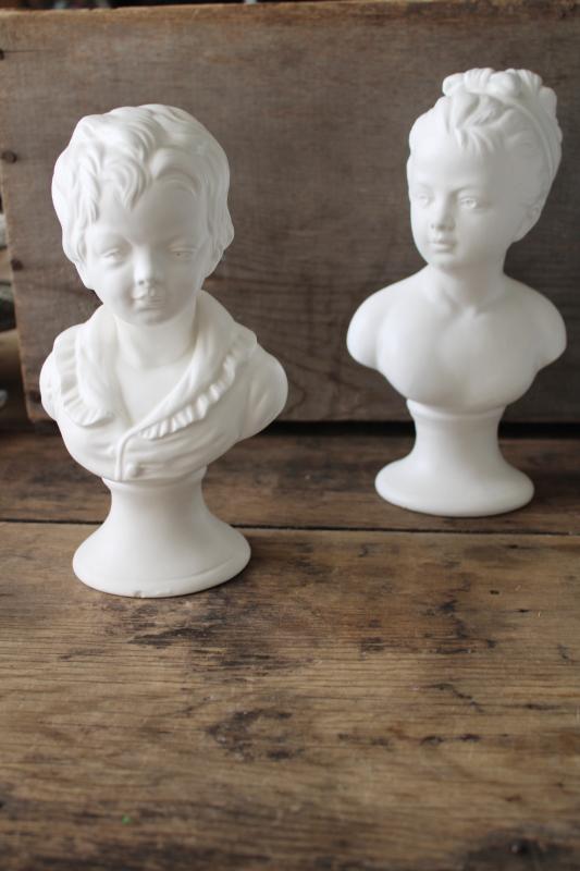 photo of vintage matte white ceramic busts, young girl & boy Victorian style statuary #1