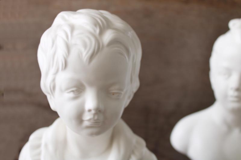 photo of vintage matte white ceramic busts, young girl & boy Victorian style statuary #2