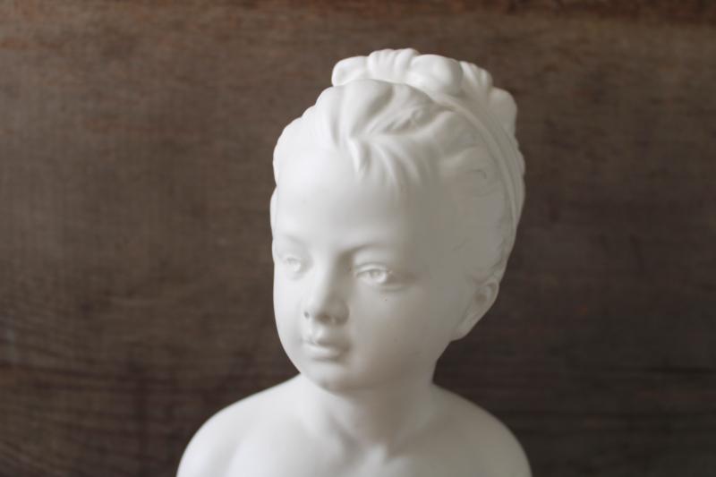 photo of vintage matte white ceramic busts, young girl & boy Victorian style statuary #3