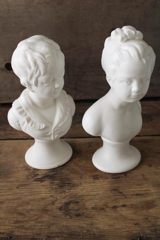 photo of vintage matte white ceramic busts, young girl & boy Victorian style statuary #4