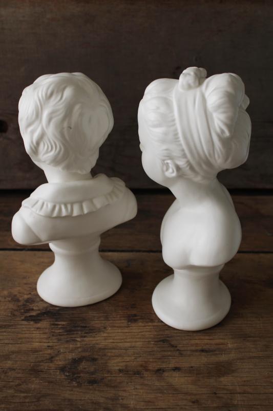 photo of vintage matte white ceramic busts, young girl & boy Victorian style statuary #6