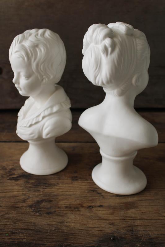 photo of vintage matte white ceramic busts, young girl & boy Victorian style statuary #7