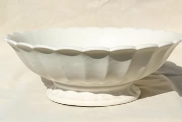 vintage matte white pottery bowl, huge centerpiece fruit flower bowl, fluted ironstone shape