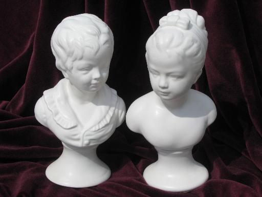 photo of vintage matte white pottery busts, young boy and girl french bisque style #1