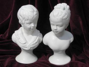 catalog photo of vintage matte white pottery busts, young boy and girl french bisque style