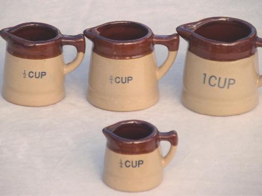 photo of vintage measuring cups set, little brown band pottery pitchers for country kitchen #2