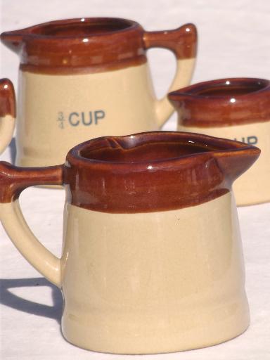 photo of vintage measuring cups set, little brown band pottery pitchers for country kitchen #3