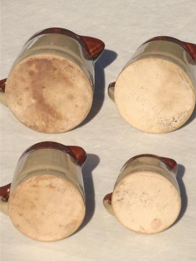 photo of vintage measuring cups set, little brown band pottery pitchers for country kitchen #5