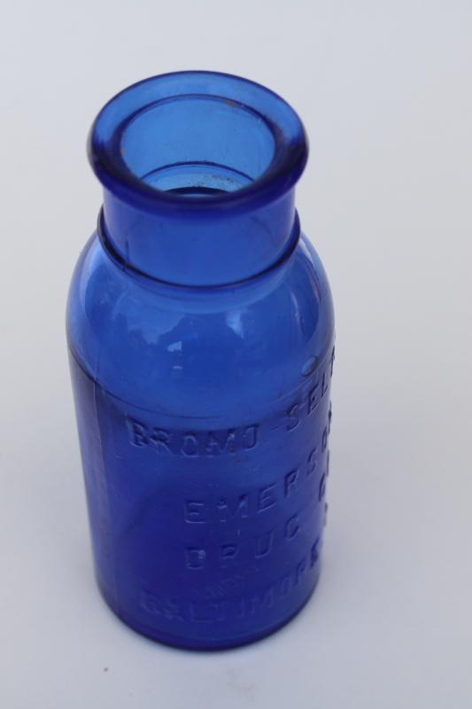 photo of vintage medicine bottle, cobalt blue glass Bromo Seltzer Emerson Drug Baltimore #1