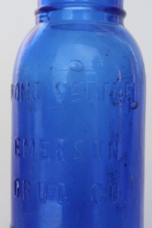 photo of vintage medicine bottle, cobalt blue glass Bromo Seltzer Emerson Drug Baltimore #2