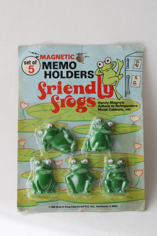 photo of vintage memo board or refrigerator magnets, googly eyed plastic frogs in pkg #1