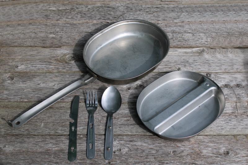 photo of vintage mess kit, folding aluminum pan w/ utensils, camp cookware for backpacking #1